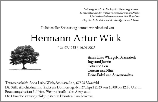 Traueranzeige von Hermann Artur Wick von Allgemeine Zeitung Alzey