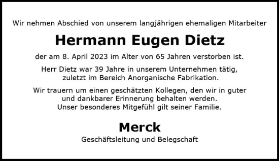 Traueranzeige von Hermann Eugen Dietz von Darmstädter Echo