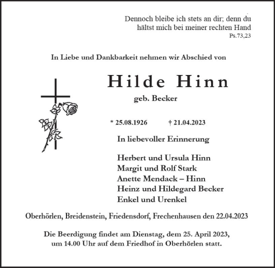 Traueranzeige von Hilde Hinn von Hinterländer Anzeiger