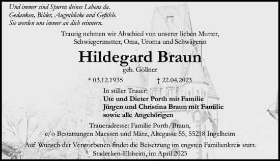 Traueranzeige von Hildegard Braun von Allgemeine Zeitung Bingen/Ingelheim