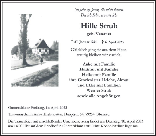 Traueranzeige von Hille Strub von Allgemeine Zeitung Mainz