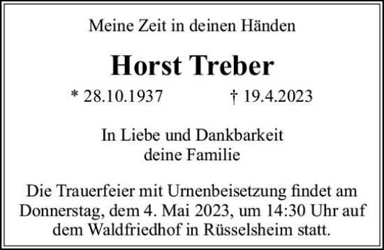 Traueranzeige von Horst Treber von Rüsselsheimer Echo