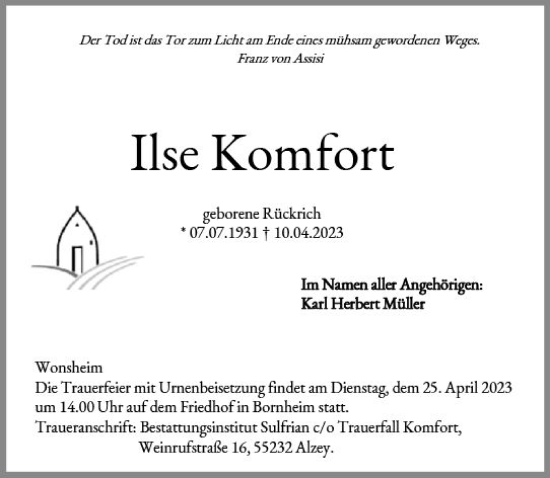 Traueranzeige von Ilse Komfort von Allgemeine Zeitung Alzey
