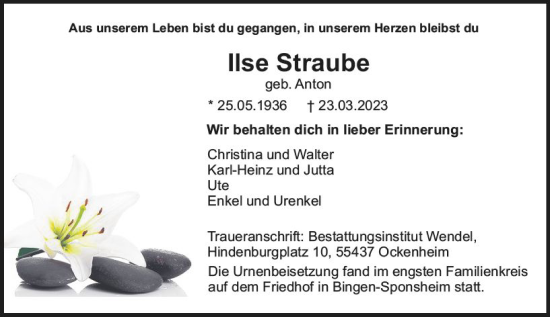Traueranzeige von Ilse Straube von Bingen/Ingelheim WOBL inkl. Neue Binger Ztg.