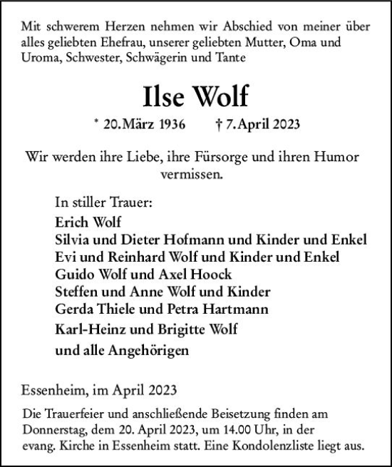 Traueranzeige von Ilse Wolf von Allgemeine Zeitung Mainz