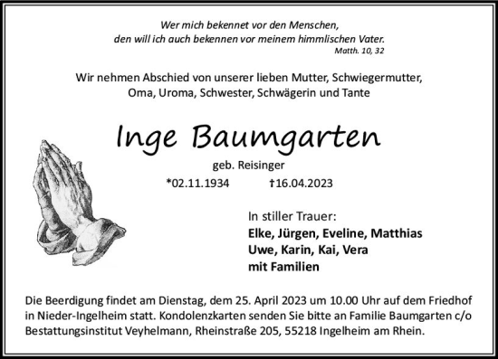 Traueranzeige von Inge Baumgarten von Allgemeine Zeitung Bingen/Ingelheim