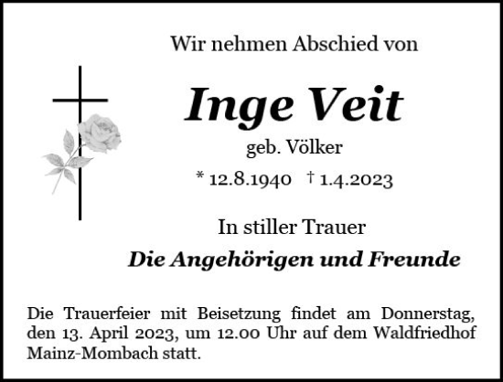 Traueranzeige von Inge Veit von Allgemeine Zeitung Mainz