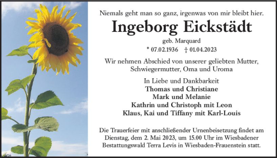 Traueranzeige von Ingeborg Eickstädt von Wiesbadener Kurier