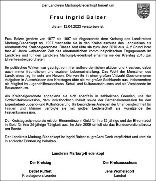 Traueranzeige von Ingrid Balzer von Hinterländer Anzeiger