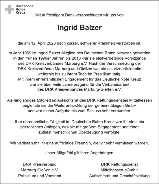 Traueranzeige von Ingrid Balzer von Hinterländer Anzeiger