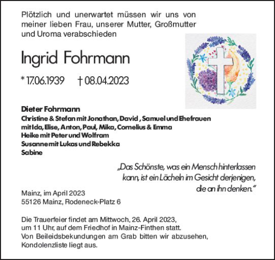 Traueranzeige von Ingrid Fohrmann von Allgemeine Zeitung Bingen/Ingelheim