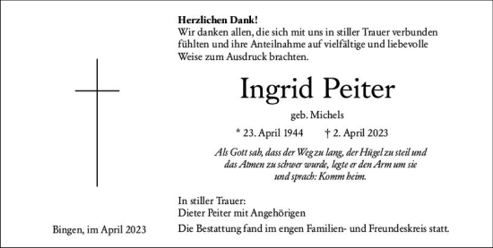 Traueranzeige von Ingrid Peiter von Allgemeine Zeitung Bingen/Ingelheim