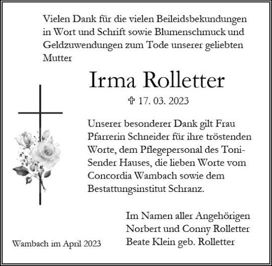 Traueranzeige von Irma Rolletter von Wiesbadener Kurier