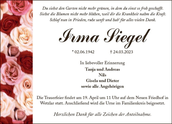 Traueranzeige von Irma Siegel von Wetzlarer Neue Zeitung