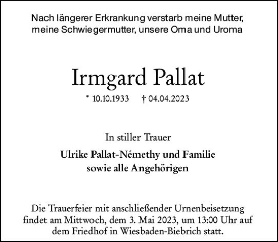 Traueranzeige von Irmgard Pallat von Wiesbadener Kurier