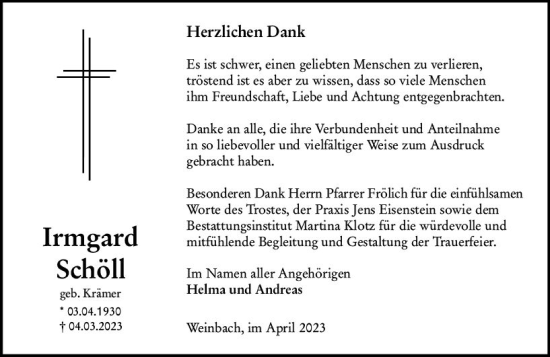 Traueranzeige von Irmgard Scholl von Weilburger Tageblatt