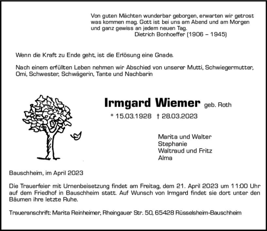 Traueranzeige von Irmgard Wiemer von Rüsselsheimer Echo