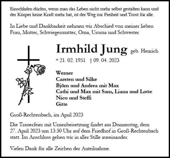 Traueranzeige von Irmhild Jung von Wetzlarer Neue Zeitung