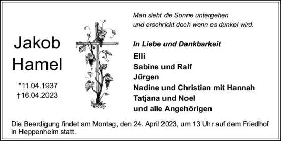 Traueranzeige von Jakob Hamel von Starkenburger Echo