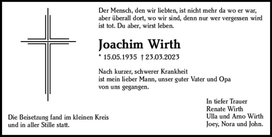 Traueranzeige von Joachim Wirth von Allgemeine Zeitung Mainz