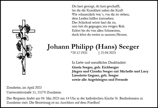 Traueranzeige von Johann Philipp Seeger von Allgemeine Zeitung Mainz