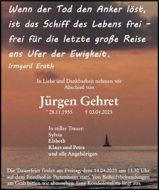 Traueranzeige von Jürgen Gehret von Allgemeine Zeitung Mainz