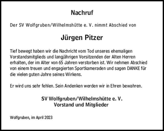 Traueranzeige von Jürgen Pitzer von Hinterländer Anzeiger