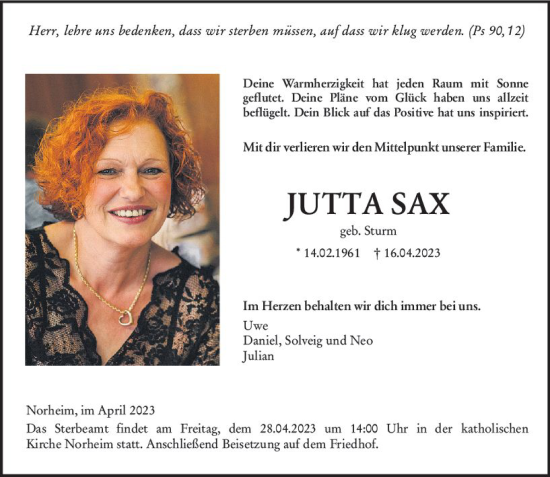 Traueranzeige von Jutta Sax von Allgemeine Zeitung Bad Kreuznach