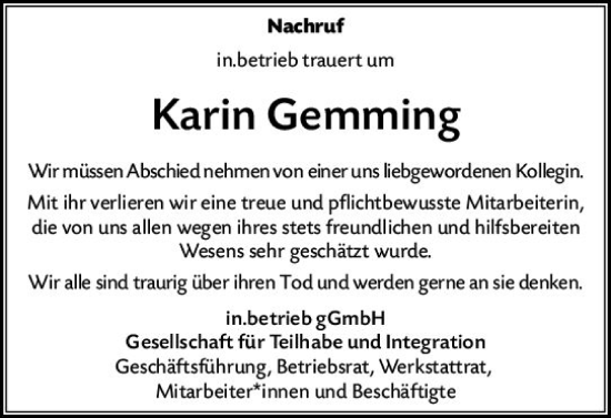 Traueranzeige von Karin Gemming von Allgemeine Zeitung Mainz