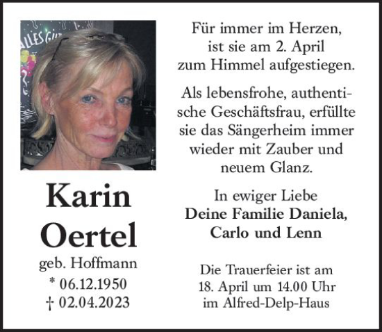 Traueranzeige von Karin Oertel von Wiesbadener Kurier