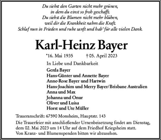 Traueranzeige von Karl-Heinz Bayer von Wormser Zeitung