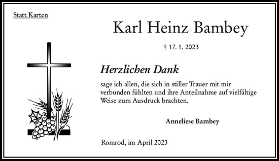Traueranzeige von Karl Heinz Bambey von Oberhessen Kurier