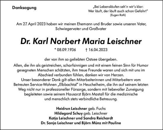 Traueranzeige von Karl Norbert Maria Leischner von Nassauische Neue Presse