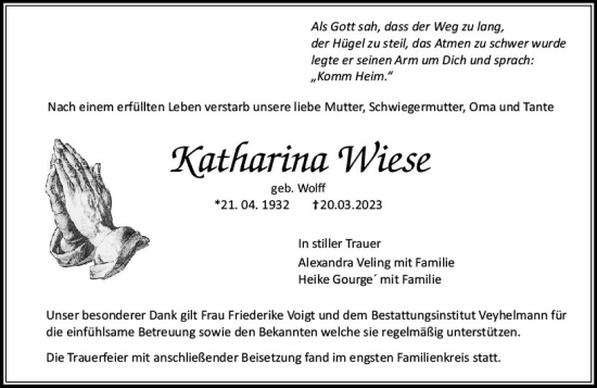 Traueranzeige von Katharina Wiese von Allgemeine Zeitung Mainz