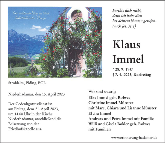 Traueranzeige von Klaus Immel von Nassauische Neue Presse