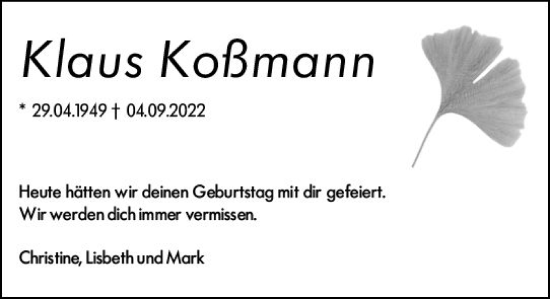 Traueranzeige von Klaus Koßmann von Darmstädter Echo