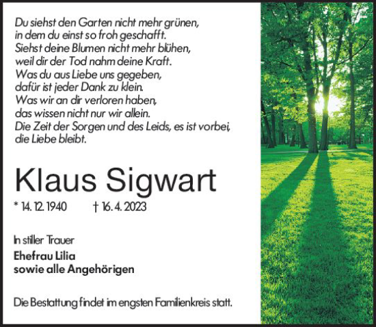 Traueranzeige von Klaus Sigwart von Wiesbadener Kurier