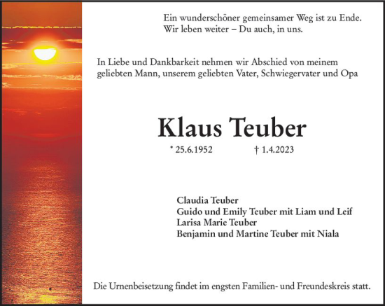 Traueranzeige von Klaus Teuber von Darmstädter Echo