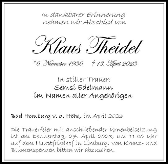 Traueranzeige von Klaus Theidel von Nassauische Neue Presse