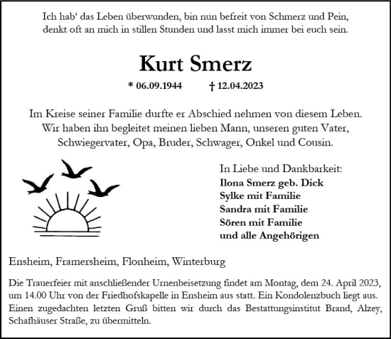 Traueranzeige von Kurt Smerz von Allgemeine Zeitung Alzey