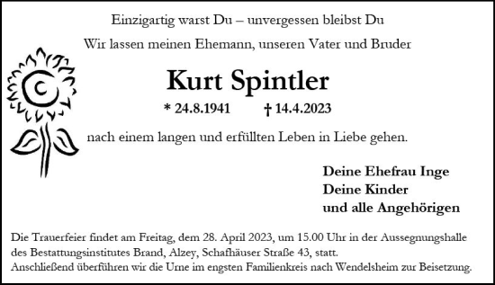 Traueranzeige von Kurt Spintler von Allgemeine Zeitung Alzey