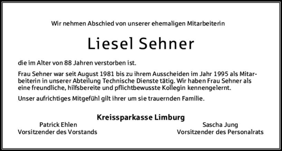 Traueranzeige von Liesel Sehner von Nassauische Neue Presse