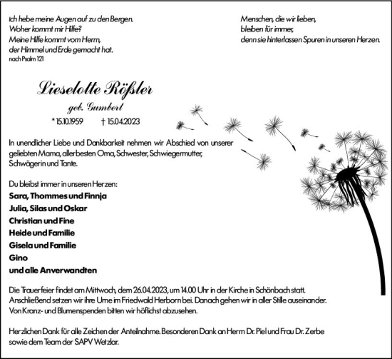 Traueranzeige von Lieselotte Rößler von Dill Block
