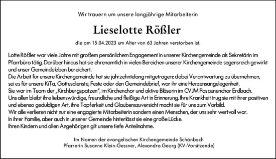 Traueranzeige von Lieselotte Rößler von Dill Block