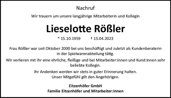 Traueranzeige von Lieselotte Rößler von Dill Block