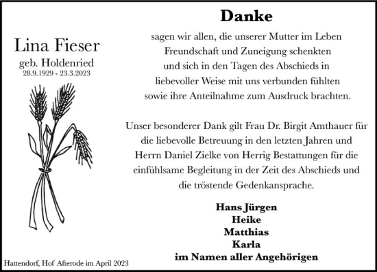 Traueranzeige von Lina Fieser von Oberhessen Kurier