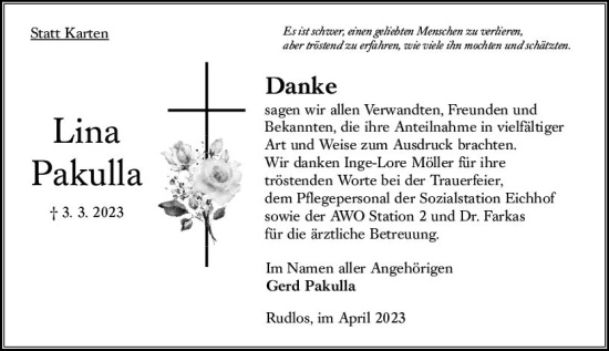 Traueranzeige von Lina Pakulla von Oberhessen Kurier