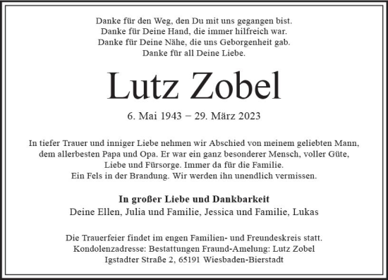 Traueranzeige von Lutz Zobel von Wiesbadener Kurier