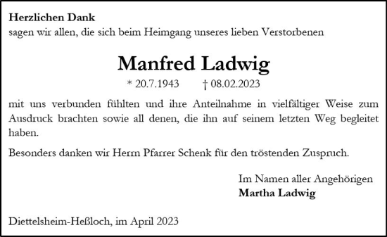 Traueranzeige von Manfred Ladwig von Wormser Zeitung