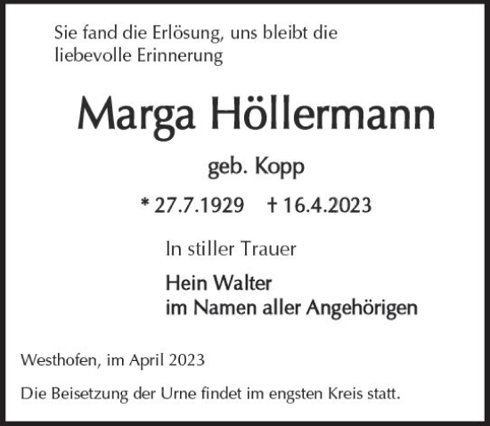 Traueranzeige von Marga Höllenmann von Wormser Zeitung